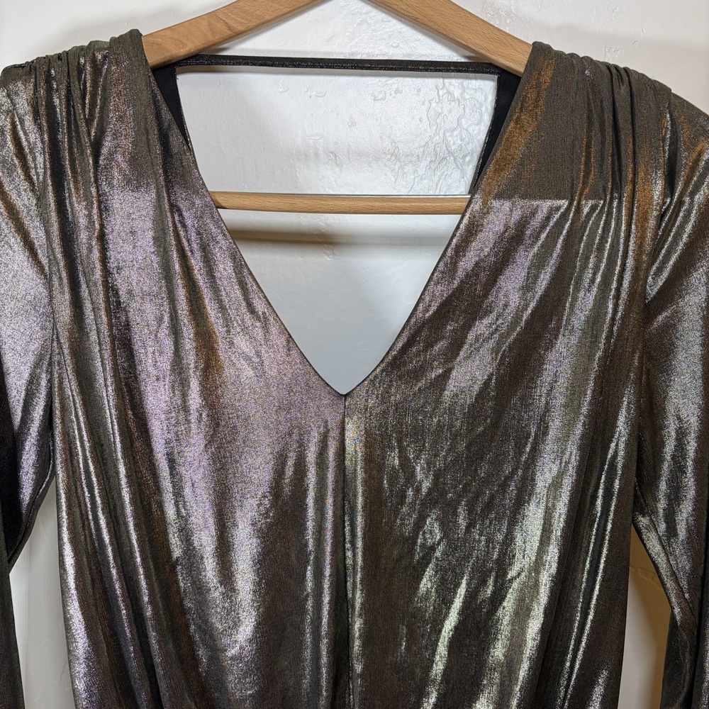 Express Top Womens XSmall Gold Metallic Longsleeve Bodysuit Drapey Festive Bold‎ - Picture 2 of 7